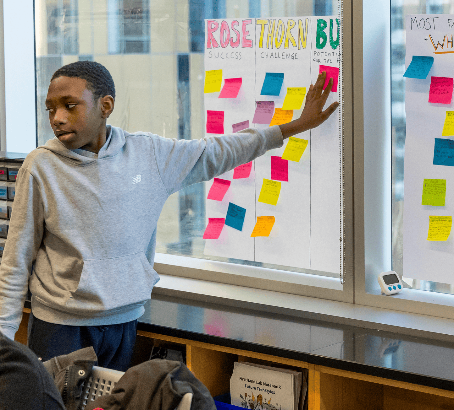 Young male student standing up with hand on group poster board project